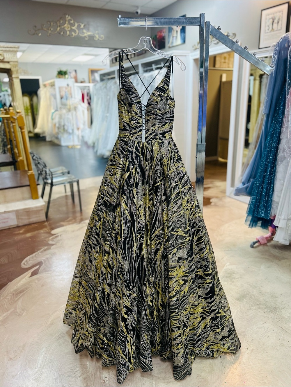 Nina Canacci Black and Gold V-Neck Prom Gown